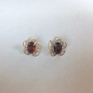 Ruby and Gold Filagree  Earrings 14K